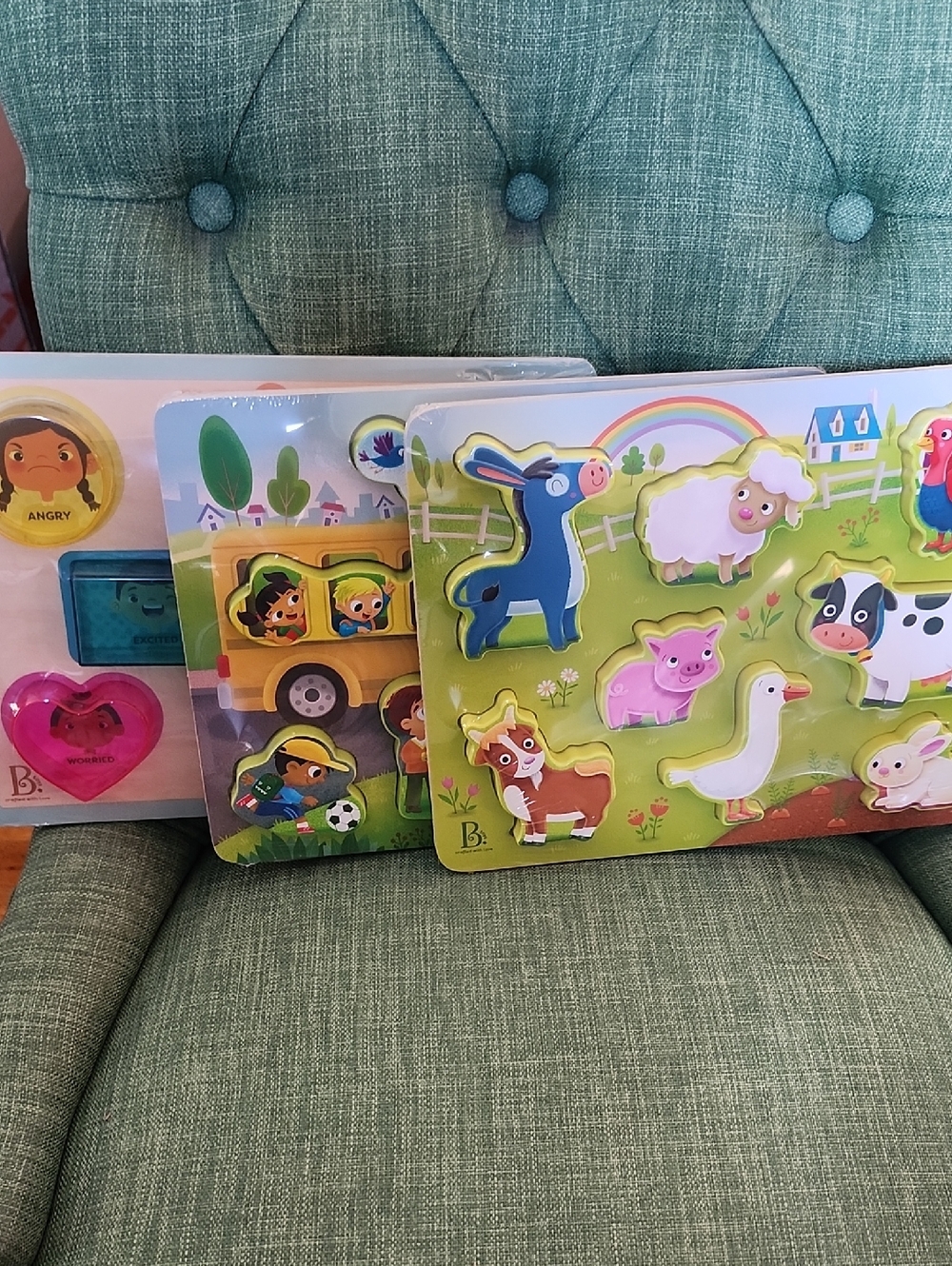 B Toys Set of 3 Wood Puzzles - Farm Animals, Shapes & Emotions, School Bus